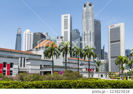 View of the Singapore Parliament House, a public building and a cultural landmark on the bank of the Singapore River, with a background of Financial District skyscrapers. 123823816