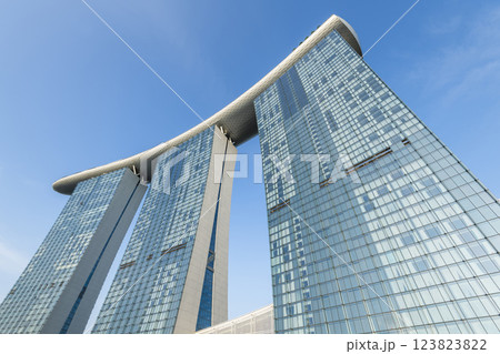 Building view of the Marina Bay Sands Hotel, Singapore, includes three towers topped by the Sands Skypark, a skyway, and an infinity-edge swimming pool. Building view of the Marina Bay Sands Hotel, Singapore, includes three towers topped by the Sands Skypark, a skyway, and an infinity-edge swimming pool. 123823822