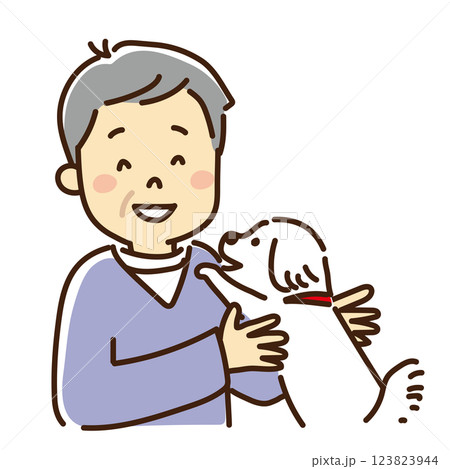 ペットの犬を抱っこするシニア男性 123823944