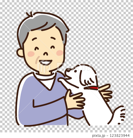 ペットの犬を抱っこするシニア男性 123823944