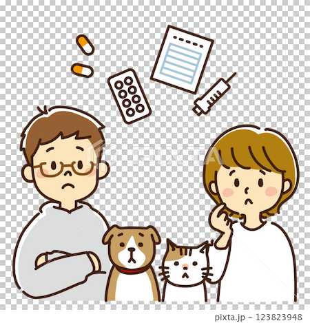 Family and pets thinking about medicine Family and pets thinking about medicine 123823948
