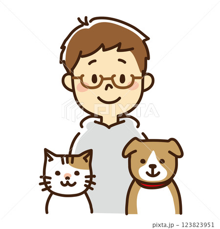 笑顔の男性と犬と猫 123823951