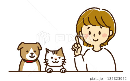 猫と犬に指差しポーズしている女の子 123823952