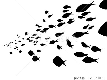奥へ向かう魚群のシルエット モノクロ 奥へ向かう魚群のシルエット モノクロ 123824098