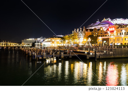 Night view of Fisherman's Wharf in Macau, China, the first-ever cultural, themed, and creative attraction in the tourism industry of Macao.  123824113