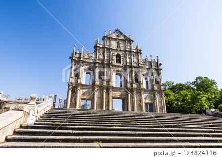 The ruins of St. Paul's Cathedral at Jesus Company Square in Macau, China, is a historic architectural landmark, and a UNESCO World Heritage. 123824116