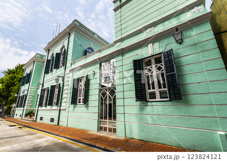 Building view of the Taipa and Coloane History Museum, a traditional Europe Style house at Taipa Village in Macau, China. Building view of the Taipa and Coloane History Museum, a traditional Europe Style house at Taipa Village in Macau, China. 123824121