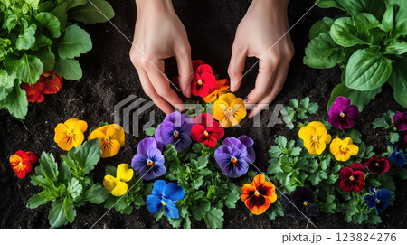 Hands planting colorful flowers in fresh soil, surrounded by gardening tools, vibrant blooms, and green leaves, symbolizing new beginnings and nature rebirth. 123824276