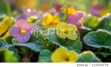 Close-up of morning dew droplets glistening on fresh spring leaves and colorful flower petals, illuminated by the soft, golden sunrise light. 123824279
