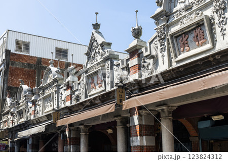 Close-up of the Daxi Old Street Building in Taoyuan, Taiwan. The street is the baroque-style architecture built during Japanese rule.  123824312