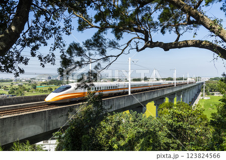 Overlooking view of the Taiwan High Speed Rail trains passing the Waipu of Taichung in Taiwan, It is the only high-speed railway in Taiwan. 123824566