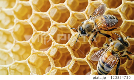 Two honey bees working on golden honeycomb, close up macro shot with copy space 123824730