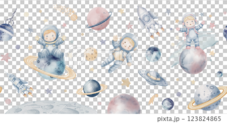 Watercolor seamless Space border with cute child Astronauts, planets, rockets, and stars floating in a Cosmic scene. Illustration of Pattern for nursery wall art or wallpaper in pastel colors. 123824865