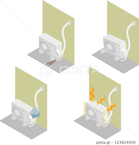 アイソメトリックなエアコンの室外機の色々なトラブルの素材セット 123824930