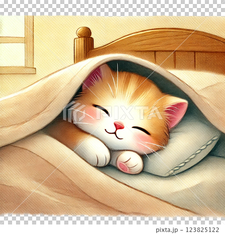 Cute kitten sleeping in bed 123825122