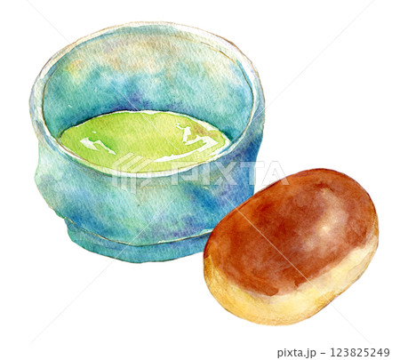 水彩イラスト 栗まんじゅうとお抹茶 水彩イラスト 栗まんじゅうとお抹茶 123825249