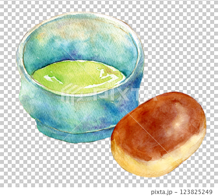 Watercolor illustration: Chestnut manju and matcha 123825249
