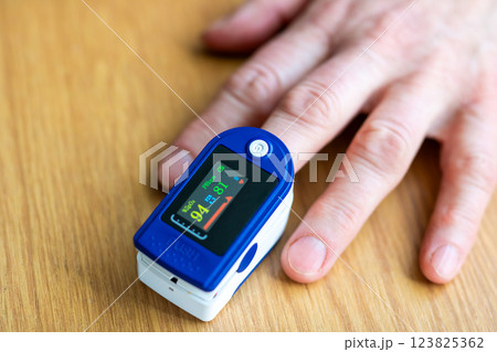 A person is using a pulse oximeter to monitor oxygen levels A person is using a pulse oximeter to monitor oxygen levels 123825362