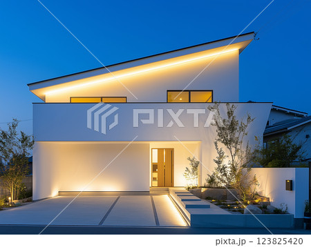 住宅イメージ モダンな戸建て住宅 夜の照明 住宅イメージ モダンな戸建て住宅 夜の照明 123825420