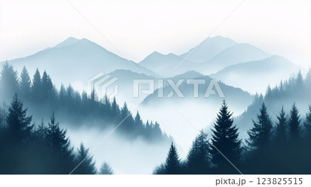 侘び寂び風景：霧の中の山々 123825515
