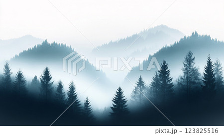 侘び寂び風景：霧の中の山々 123825516