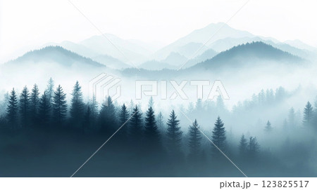 侘び寂び風景：霧の中の山々 123825517