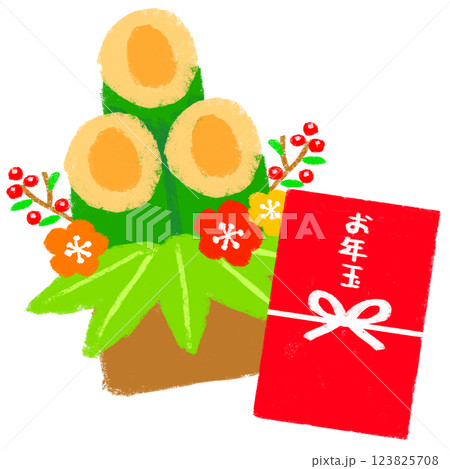 シンプルイラスト　クレヨンタッチ　門松とお年玉 123825708