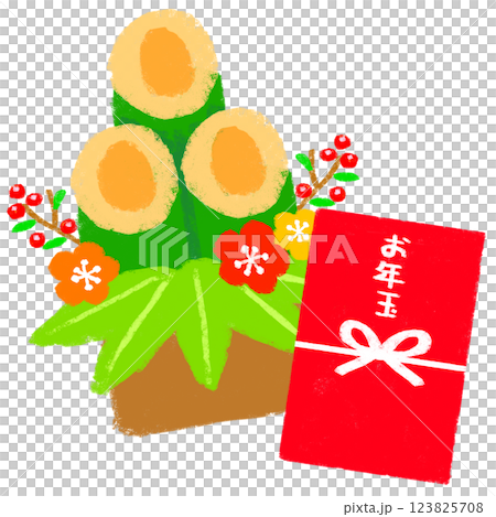 シンプルイラスト　クレヨンタッチ　門松とお年玉 123825708