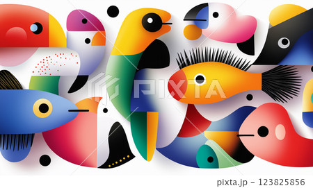 Abstract colorful fish background. Coral reef inhabitants. Art wallpaper 123825856
