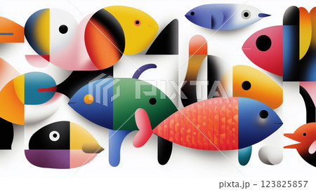 Abstract colorful fish background. Coral reef inhabitants. Art wallpaper 123825857