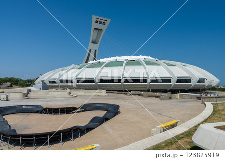 Montreal, Quebec, Canada - August 10 2021 : Exterior of the Montreal Olympic Stadium (The Big O). 123825919