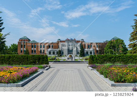 Montreal, Quebec, Canada - August 10 2021 : Montreal Botanical Garden Administration Building. Montreal, Quebec, Canada - August 10 2021 : Montreal Botanical Garden Administration Building. 123825924
