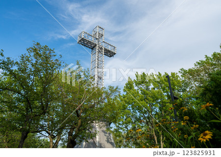 Mount Royal Cross after renovation. A monument on top of Mount Royal in Montreal, Quebec, Canada. 123825931