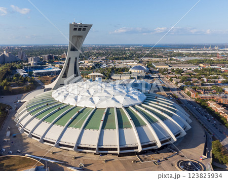 Aerial view of the Montreal Olympic Stadium (The Big O). Montreal, Quebec, Canada. 123825934