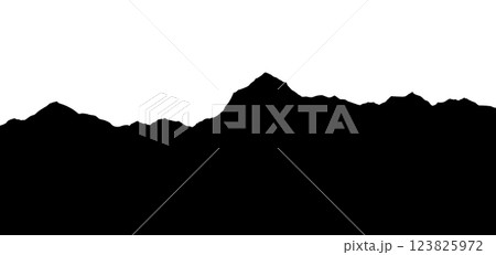 Mountains silhouettes landscape background. Rocky panorama with mountains skyline and pine tree forest. Scenery with slopes, vector cartoon illustration 123825972