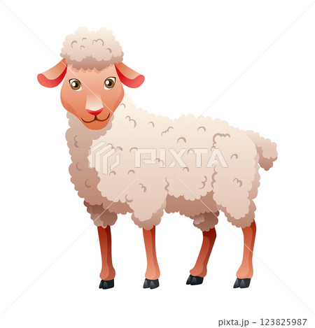 Small cartoon sheep. Lamb flat vector illustration. Funny baby sheep with curly wool. Farm animal art isolated on white background 123825987
