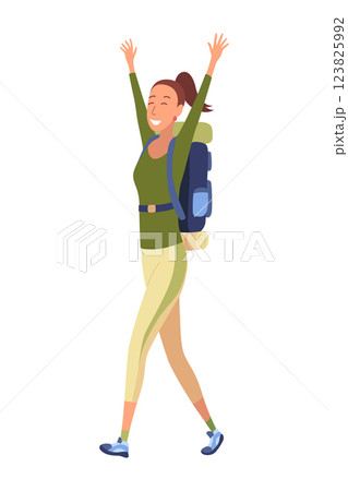 Hiker travel in summer clothing with big backpack. Woman walking. Happy male character, traveller or tourist going to vacation. Vector cartoon illustration 123825992