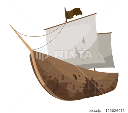 Broken ship icon. Cartoon wooden battered ship with tattered board after wreck or attack. Destroyed, wreck ship isolated on white background 123826013