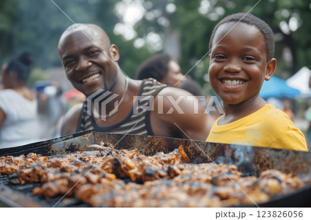 Father and son are grilling meat at a public park as part of a Juneteenth celebration 123826056
