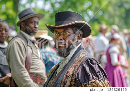 Distinguished gentleman wearing formal attire and a top hat standing in a crowd of people at a Juneteenth celebration Distinguished gentleman wearing formal attire and a top hat standing in a crowd of people at a Juneteenth celebration 123826136