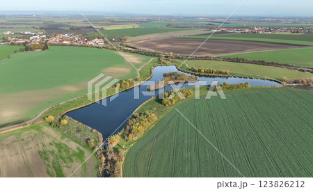 Pond Celcice dam flood protection anthropogenic lake water sport fishing landscape area territory. It was created wetland reclamation, past civilization destruction landscape devastation, Europe Pond Celcice dam flood protection anthropogenic lake water sport fishing landscape area territory. It was created wetland reclamation, past civilization destruction landscape devastation, Europe 123826212