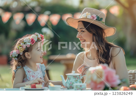 Mother and her daughter are sharing a laugh while having a tea party in a beautiful garden 123826249