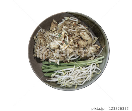 Fried thai noodle (pad thai) mix Stirred fried turnip cake or Fried radish cake (chai tow kway) served with bean sprout and chives in ceramic plate isolated on white background with clipping path. Fried thai noodle (pad thai) mix Stirred fried turnip cake or Fried radish cake (chai tow kway) served with bean sprout and chives in ceramic plate isolated on white background with clipping path. 123826355