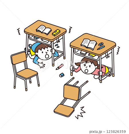 学校で地震発生 学校で地震発生 123826359