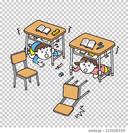 学校で地震発生 学校で地震発生 123826359