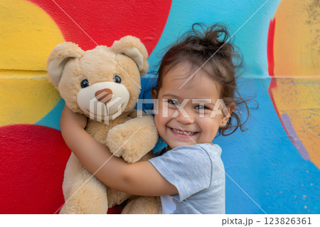 Happy little girl with brown hair hugs her teddy bear, smiling joyfully in front of a colorful background with a red wall 123826361