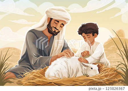 Muslim shepherd and his son are sitting in the desert taking care of a newborn lamb 123826367
