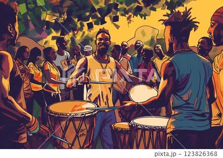 Diverse group happily plays djembe drums outdoors, filling the air with lively music. Friends enjoy African culture together, showcasing talent and passion in a festive summer setting Diverse group happily plays djembe drums outdoors, filling the air with lively music. Friends enjoy African culture together, showcasing talent and passion in a festive summer setting 123826368
