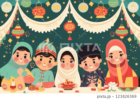 Illustration of a group of Muslim people celebrating eid al fitr with traditional food and lanterns decoration 123826369