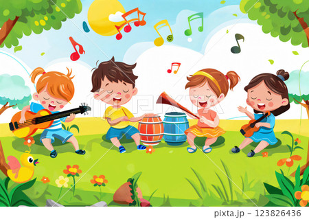 Four young children are happily playing music with their instruments in a sunny park, surrounded by colorful flowers and a cheerful atmosphere Four young children are happily playing music with their instruments in a sunny park, surrounded by colorful flowers and a cheerful atmosphere 123826436